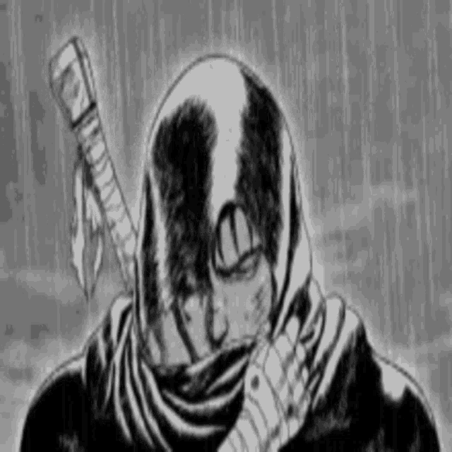 a black and white drawing of a man holding a sword in his hand .