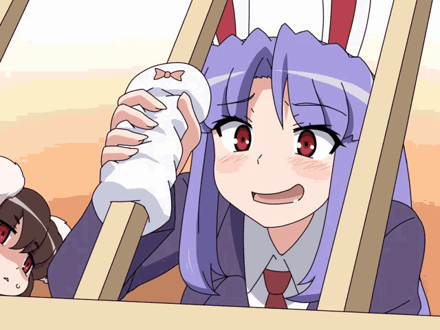 a cartoon of a girl with purple hair holding a white object with a bow on it