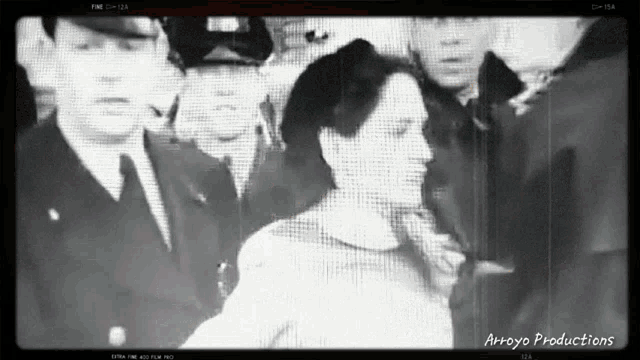 a black and white photo of a woman with the words arroyo productions on the bottom left