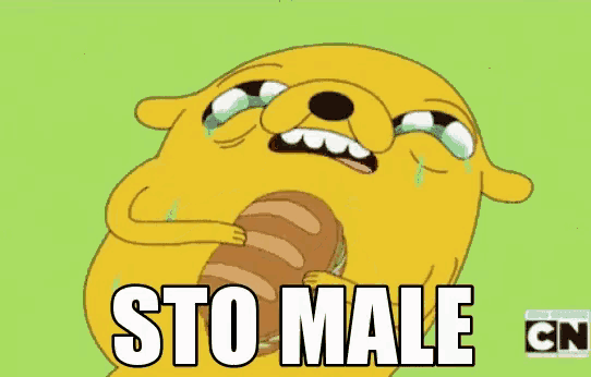 a cartoon character is eating a loaf of bread and the word sto male is on the bottom