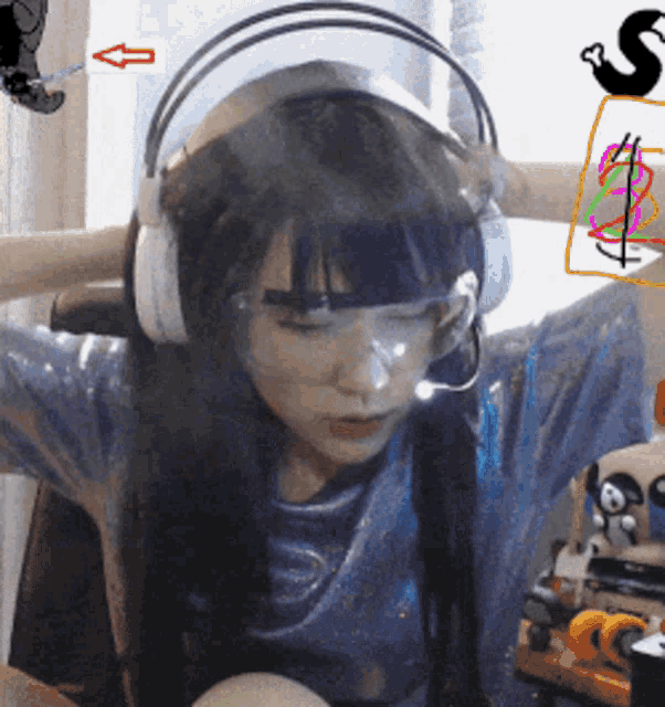 a girl wearing headphones and goggles with a drawing of a dollar sign in the background