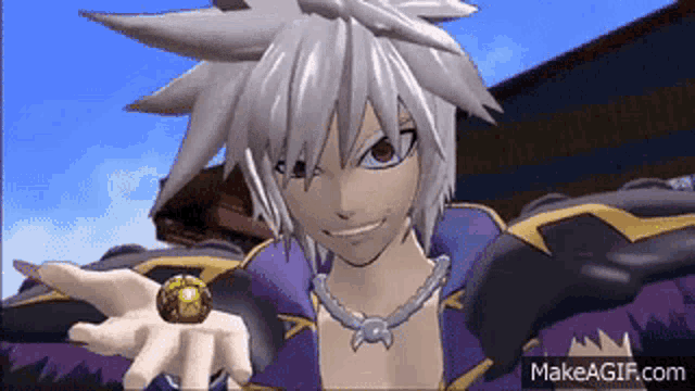 a cartoon character is holding a gold ball in his hand and says makeagif.com at the bottom