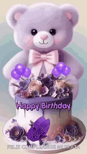 a teddy bear is standing on top of a birthday cake with purple flowers and balloons .
