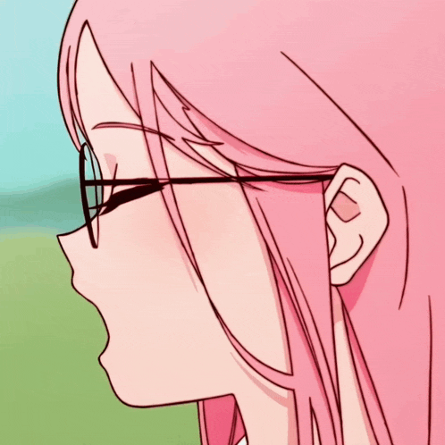 a drawing of a girl with pink hair wearing glasses
