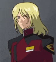 a cartoon character with blonde hair is wearing a red and black outfit