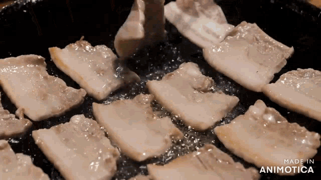 slices of meat are being cooked in a frying pan with the words made in animotica below it