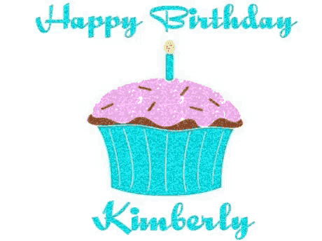 a blue and pink cupcake with a candle on top of it and the words `` happy birthday kimberly '' .