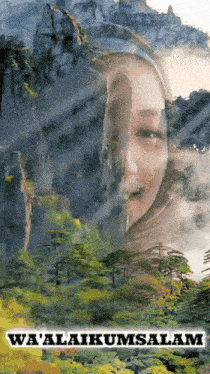 a picture of a woman with mountains in the background and the words wa ' alaikumsalam