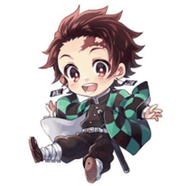 a chibi drawing of a boy in a plaid jacket and pants holding a sword .
