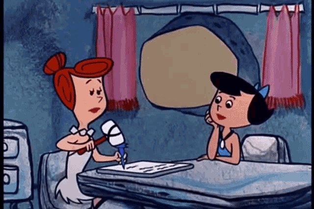 a cartoon of two women sitting at a table with a marshmallow .