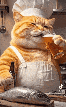a cat wearing a chef 's hat and apron drinking a beer