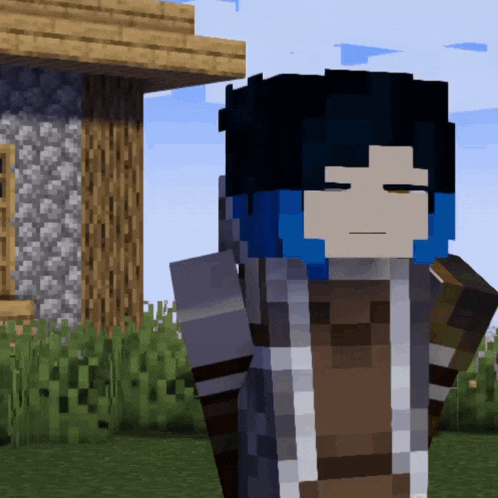 a minecraft character with blue hair stands in front of a building