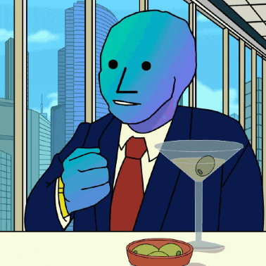 a cartoon of a man in a suit and tie sitting at a table with a martini glass and a bowl of olives