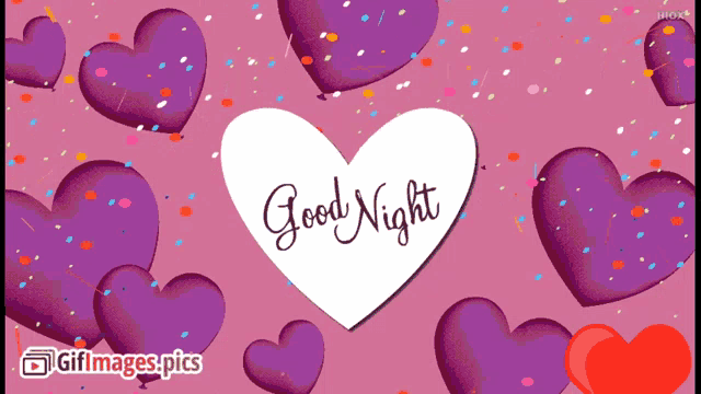 a pink background with purple hearts and a white heart that says " good night "