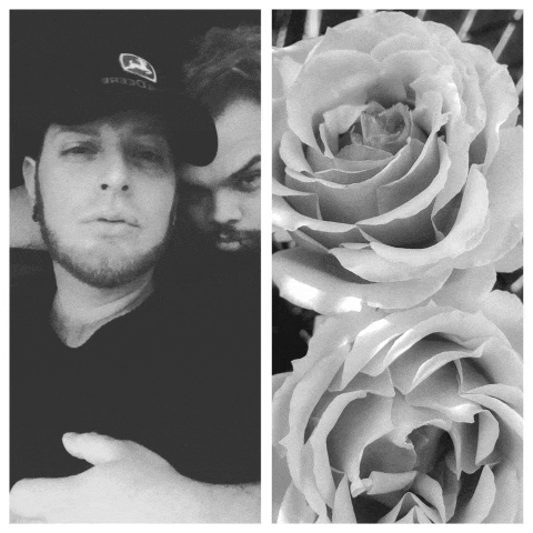 a man wearing a john deere hat next to a close up of a rose