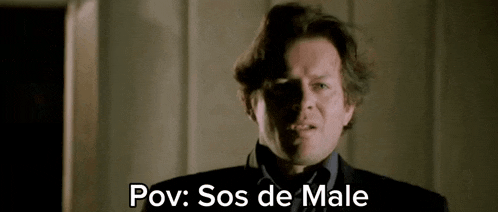 a man in a suit and tie is looking at the camera with the words pov : sos de male below him .