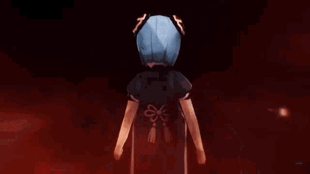 a girl with blue hair and a black dress is holding a glowing object in her hand