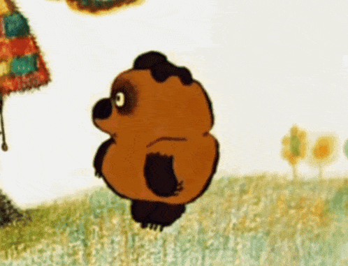 a cartoon bear is standing in a grassy field with trees in the background