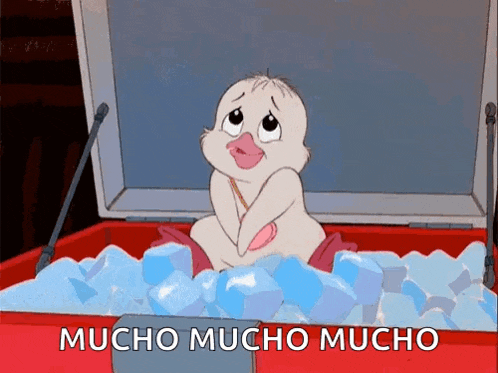 a cartoon duck is sitting in an ice chest with the words mucho mucho mucho written on the bottom .