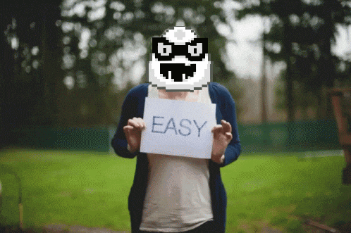 a woman holds up a sign that says easy