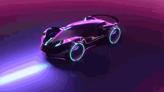 a futuristic car with glowing wheels is driving on a purple background