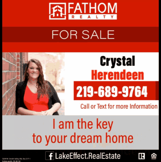 an advertisement for fathom realty shows a woman in a red top