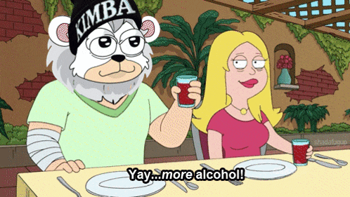a cartoon character wearing a kimba hat holds a shot glass