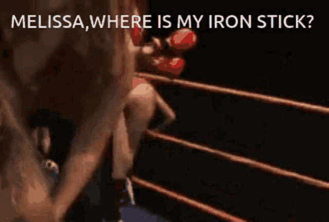 two women are boxing in a ring and one of them is asking melissa where is my iron stick