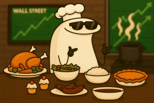 a cartoon drawing of a chef standing in front of a wall street graph