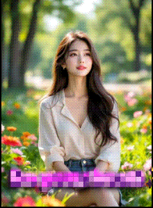 a woman is sitting in a field of flowers with a purple banner in the foreground