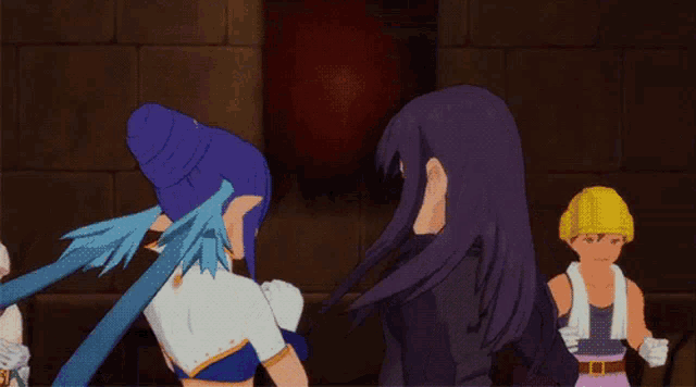 two anime characters are standing next to each other