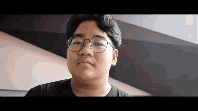 a man wearing glasses and a black shirt looks at the camera
