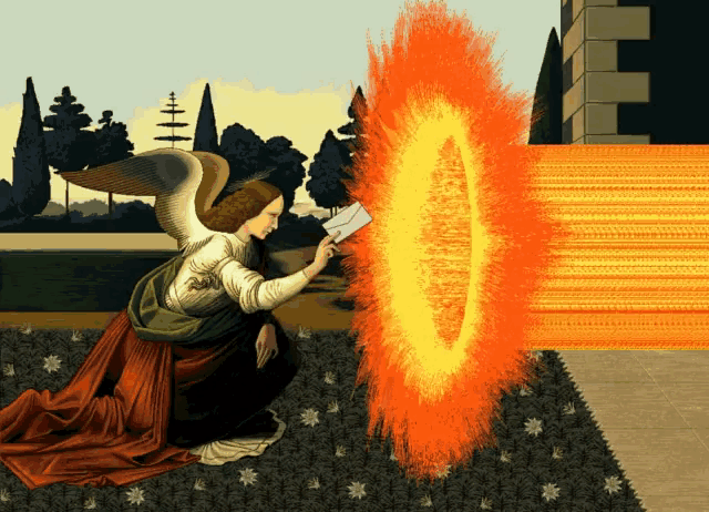 a painting of an angel holding an envelope in front of a circle of fire