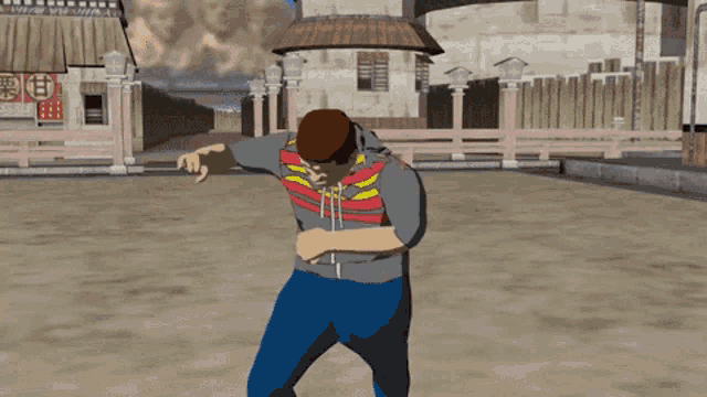 a cartoon of a man dancing in front of a building with chinese writing on it