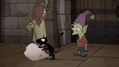 a cartoon of a witch and a goblin with a purple hat