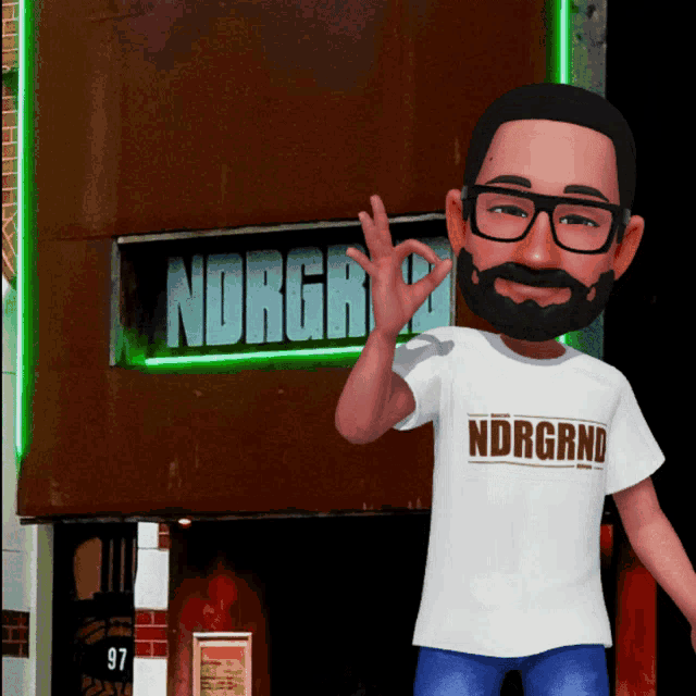 a man wearing a ndrgrnd t-shirt stands in front of a sign