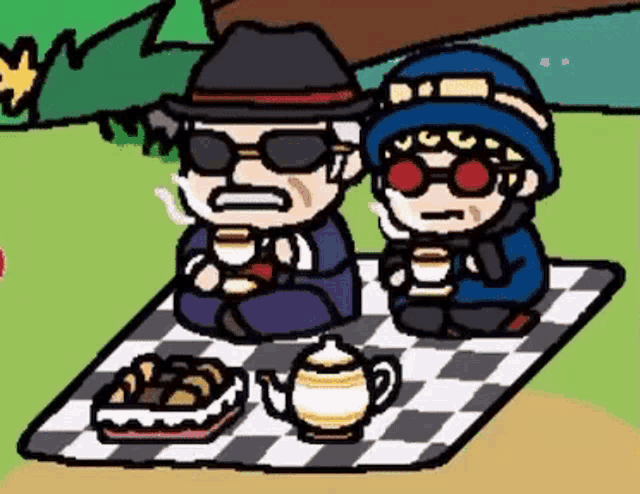 a man and a boy are sitting on a checkered blanket drinking coffee .