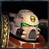 a close up of a video game character 's helmet with green eyes and a skull on it .
