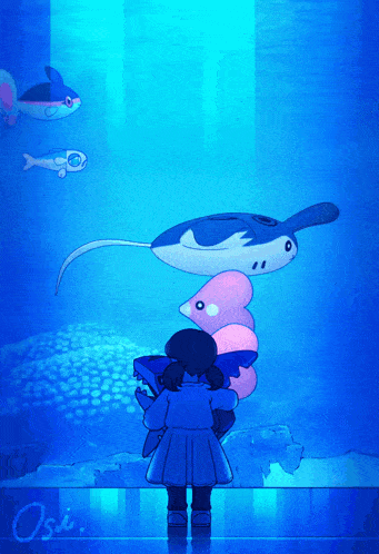 a drawing of a girl looking at fish in an aquarium with the letters osi written on the bottom
