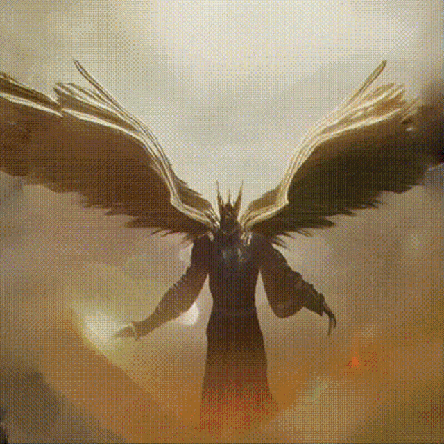 a painting of a demon with wings spread