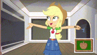a cartoon character is standing in a room with her arms outstretched and a picture of an apple on the wall .