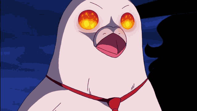 a white bird with red eyes and a red tie on