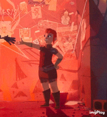 a cartoon character is standing in front of a red wall with a poster that says the queen under
