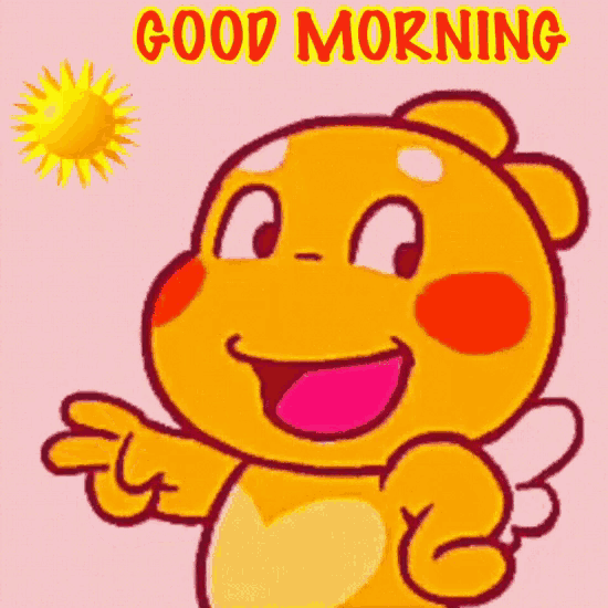 a cartoon character says good morning with a sun behind him