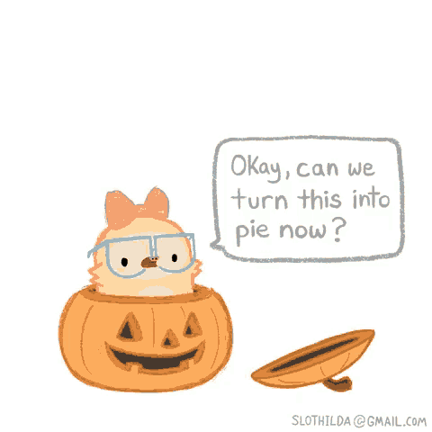 a cartoon sloth wearing glasses and a bow is in a pumpkin with the word boo above it