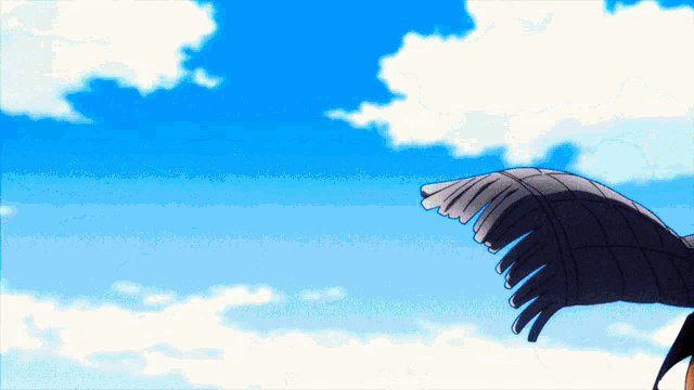 a drawing of a bird flying through a blue sky with white clouds