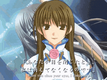 a girl in a white dress with a rose in her hair says " when you close your eyes , i disappear "