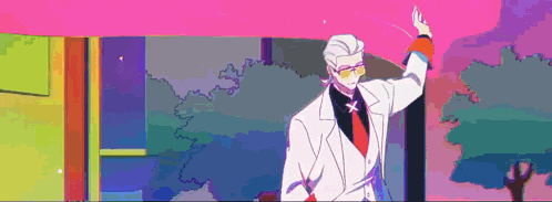 a man in a white suit and red tie is standing in front of a pink umbrella .