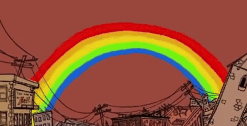 a drawing of a city with a rainbow and a sign that says ' costa ' on it