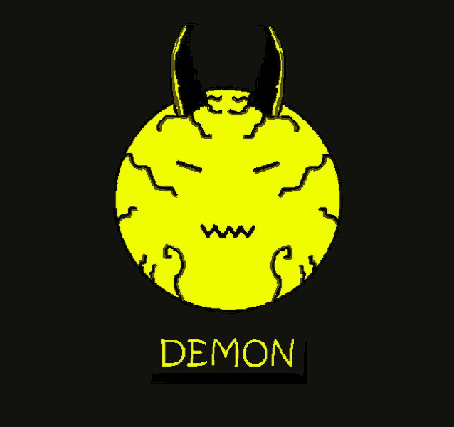 a drawing of a demon with horns and the word demon below it